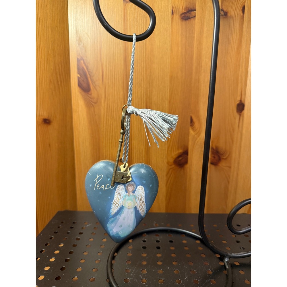 Angel Peace Heart Ornament Lock & Key Blue Gold Tassel 4" Christmas Decor